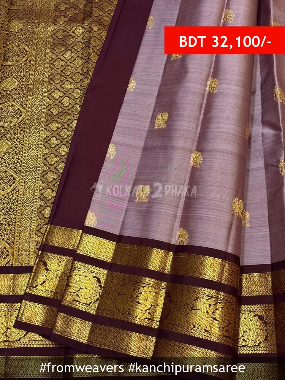From Weavers Lavender 2g Zari and Contrast Traditional Border Kanchipuram Saree