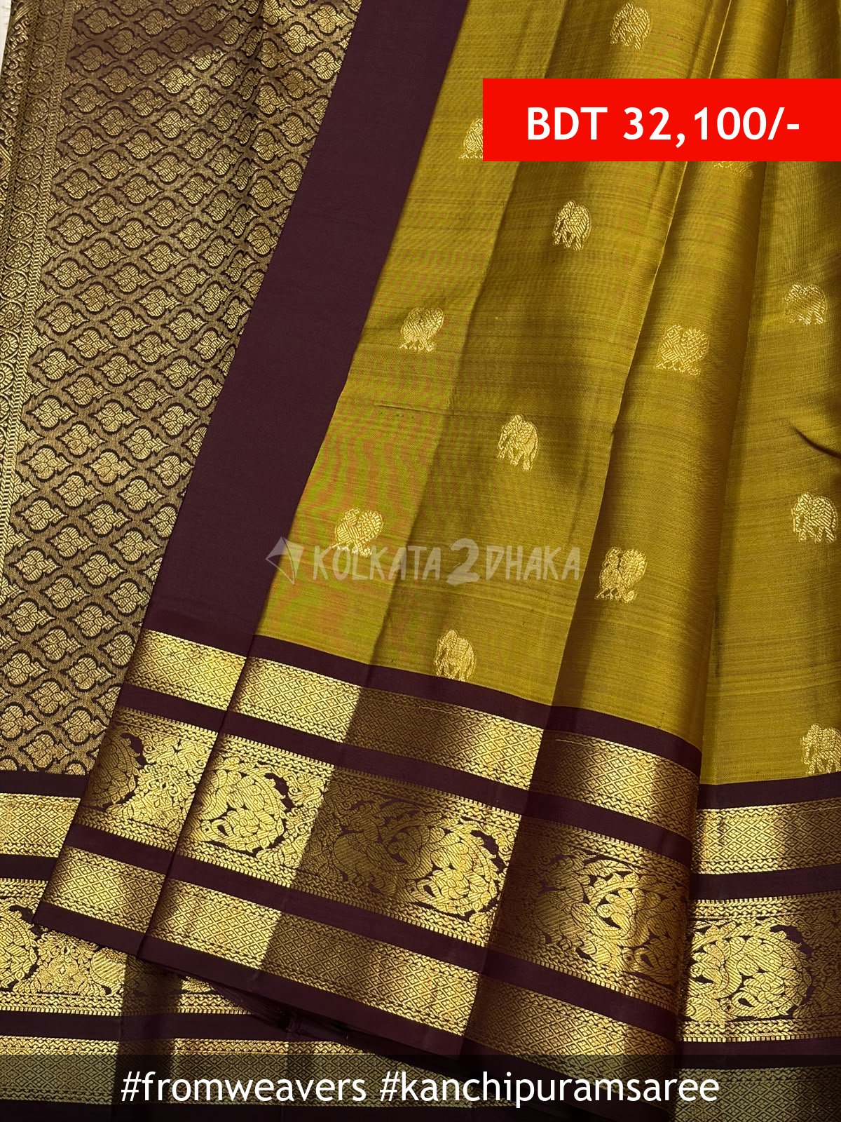 From Weavers Mehendi 2g Zari and Contrast Traditional Border Kanchipuram Saree