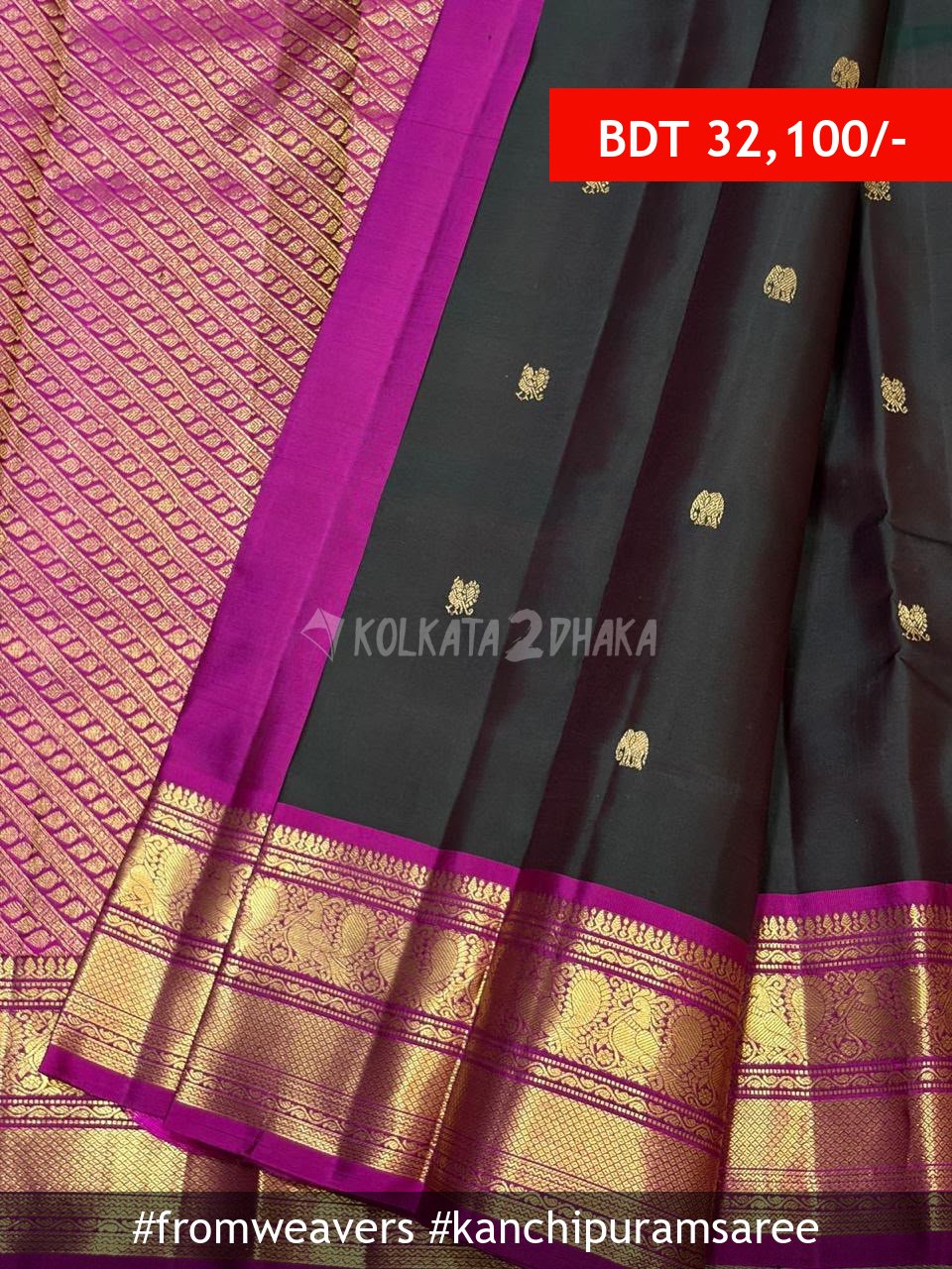From Weavers Black 2g Zari and Contrast Traditional Border Kanchipuram Saree