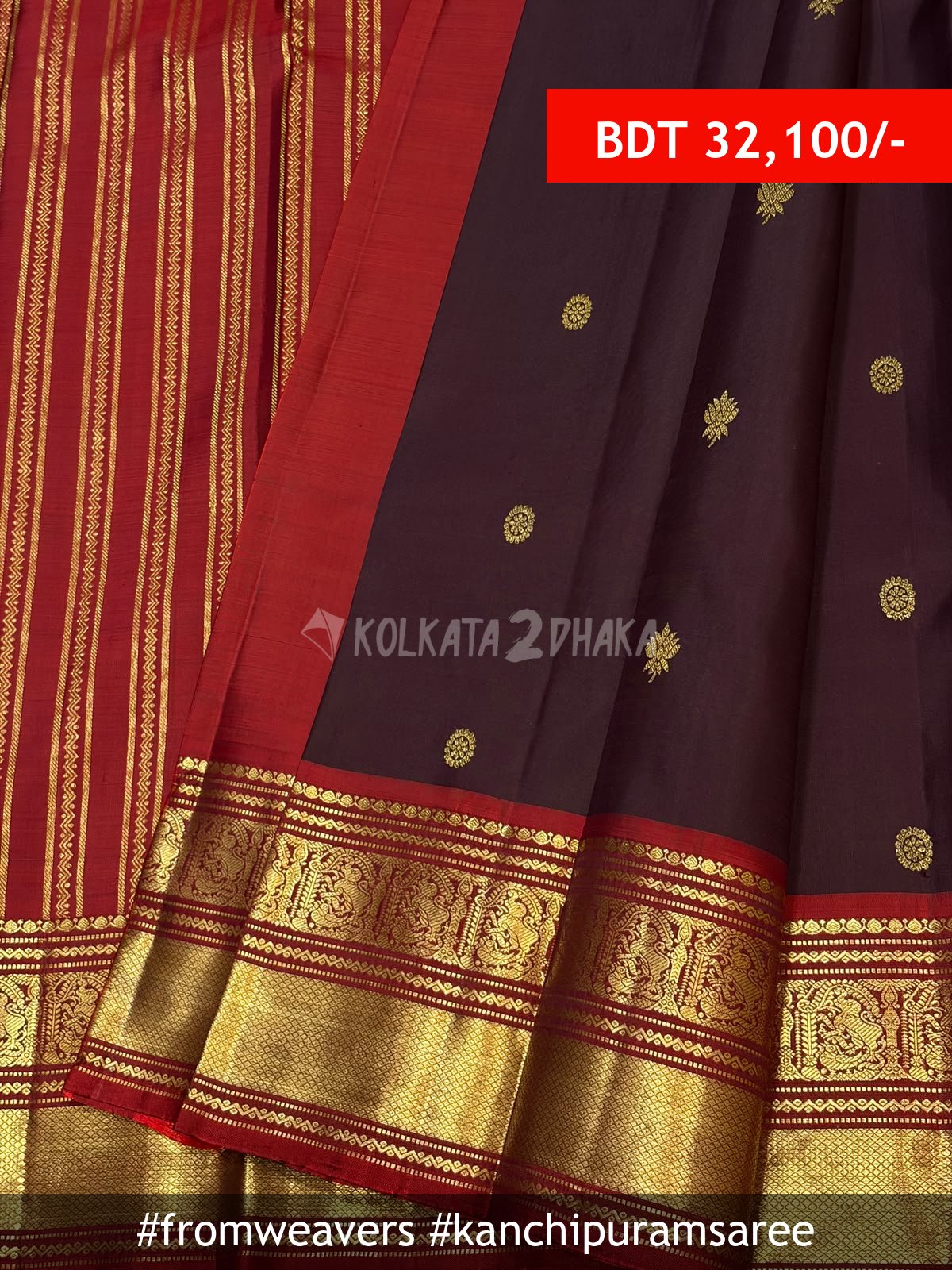 From Weavers Coffee 2g Zari and Contrast Traditional Border Kanchipuram Saree