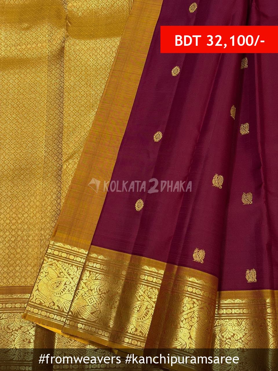 From Weavers Magenda 2g Zari and Contrast Traditional Border Kanchipuram Saree