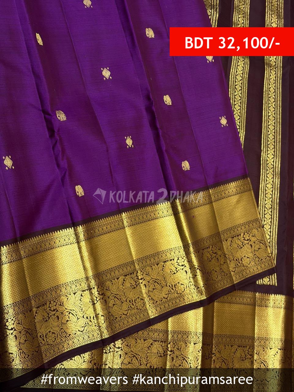 From Weavers Violet 2g Zari and Contrast Traditional Border Kanchipuram Saree