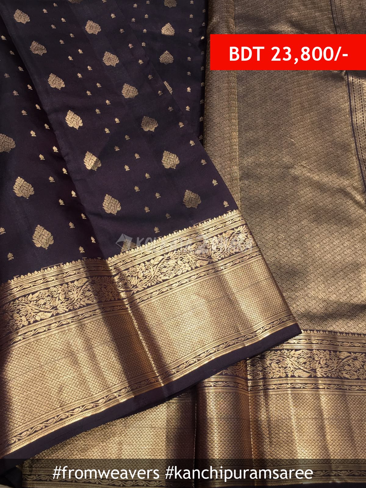 From Weavers Black Kanchipuram Handloom Silk Saree with Rich Pallu