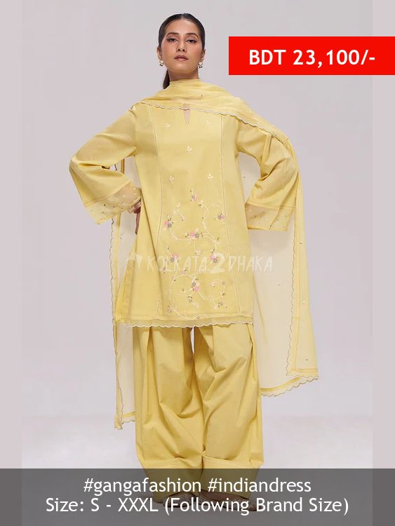 Ganga Fashion Sulphur Yellow Mul-Chanderi Kurta Set