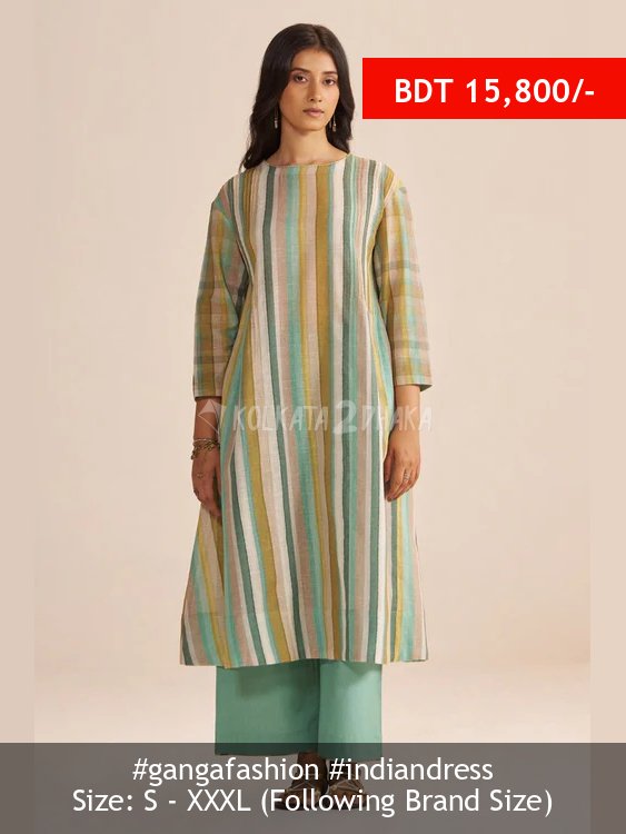 Ganga Fashion Shades of Teal and Green Stripe Cotton-Linen Co-ord Set