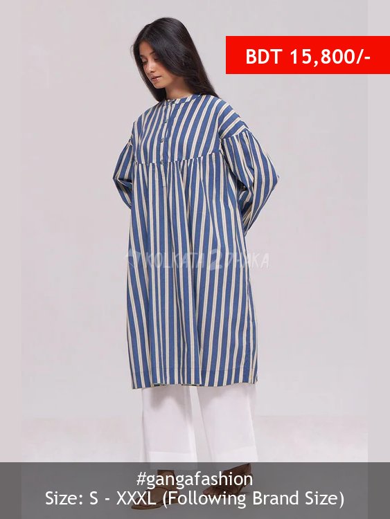 Ganga Fashion Blue and Cream Striped Cotton Kurta With White Bottom Set