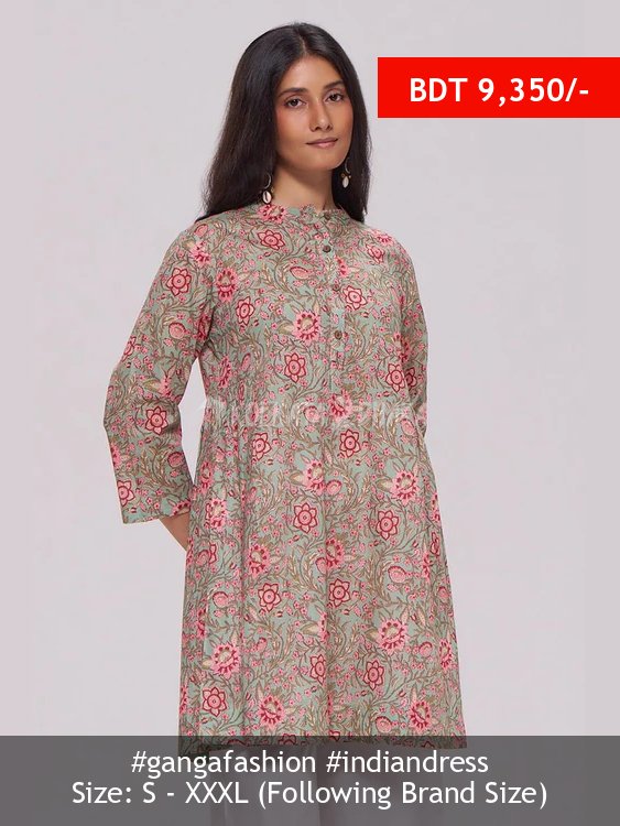Ganga Fashion Basil Green and Pink Cotton Top