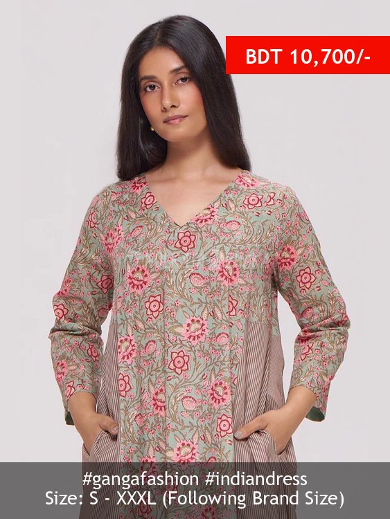 Ganga Fashion Basil Green and Pink Cotton Kurta