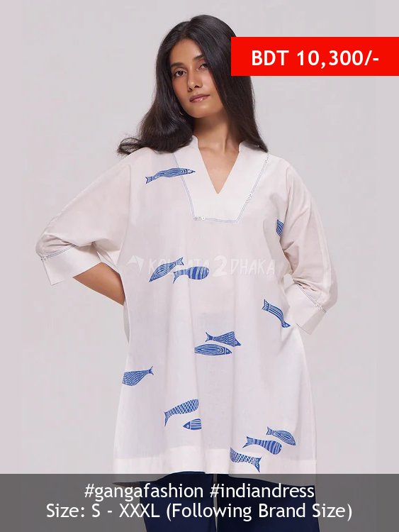Ganga Fashion Off-White and Blue Cotton Kurta