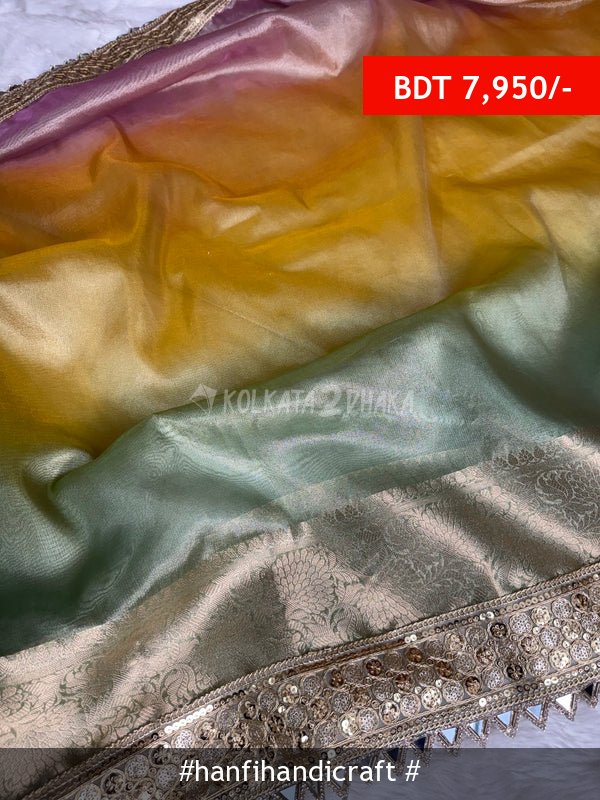 Hanfi Handicraft Premium 3D Multi Shade Tissue Saree with Soft Mirror Border