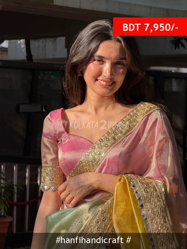 Hanfi Handicraft Premium 3D Multi Shade Tissue Saree with Soft Mirror Border