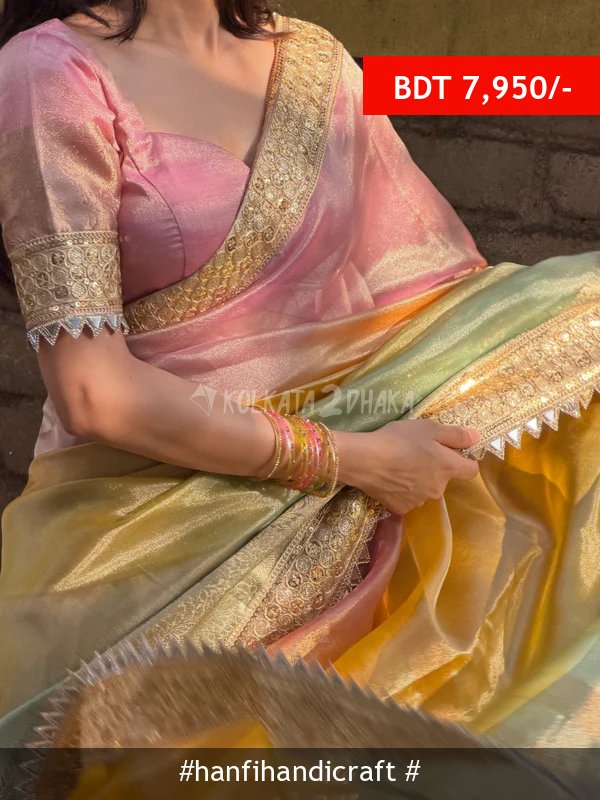 Hanfi Handicraft Premium 3D Multi Shade Tissue Saree with Soft Mirror Border