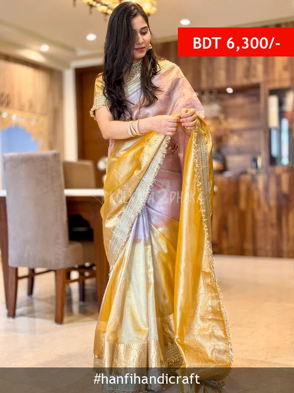 Hanfi Handicraft Dual Shade Lavender Gold Maharani Tissue Silk Saree