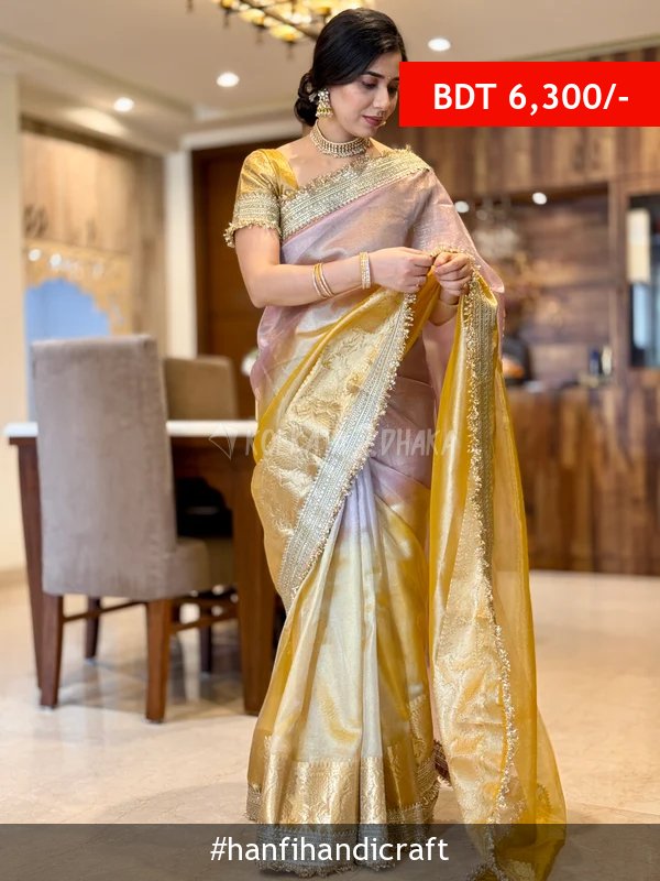 Hanfi Handicraft Dual Shade Lavender Gold Maharani Tissue Silk Saree