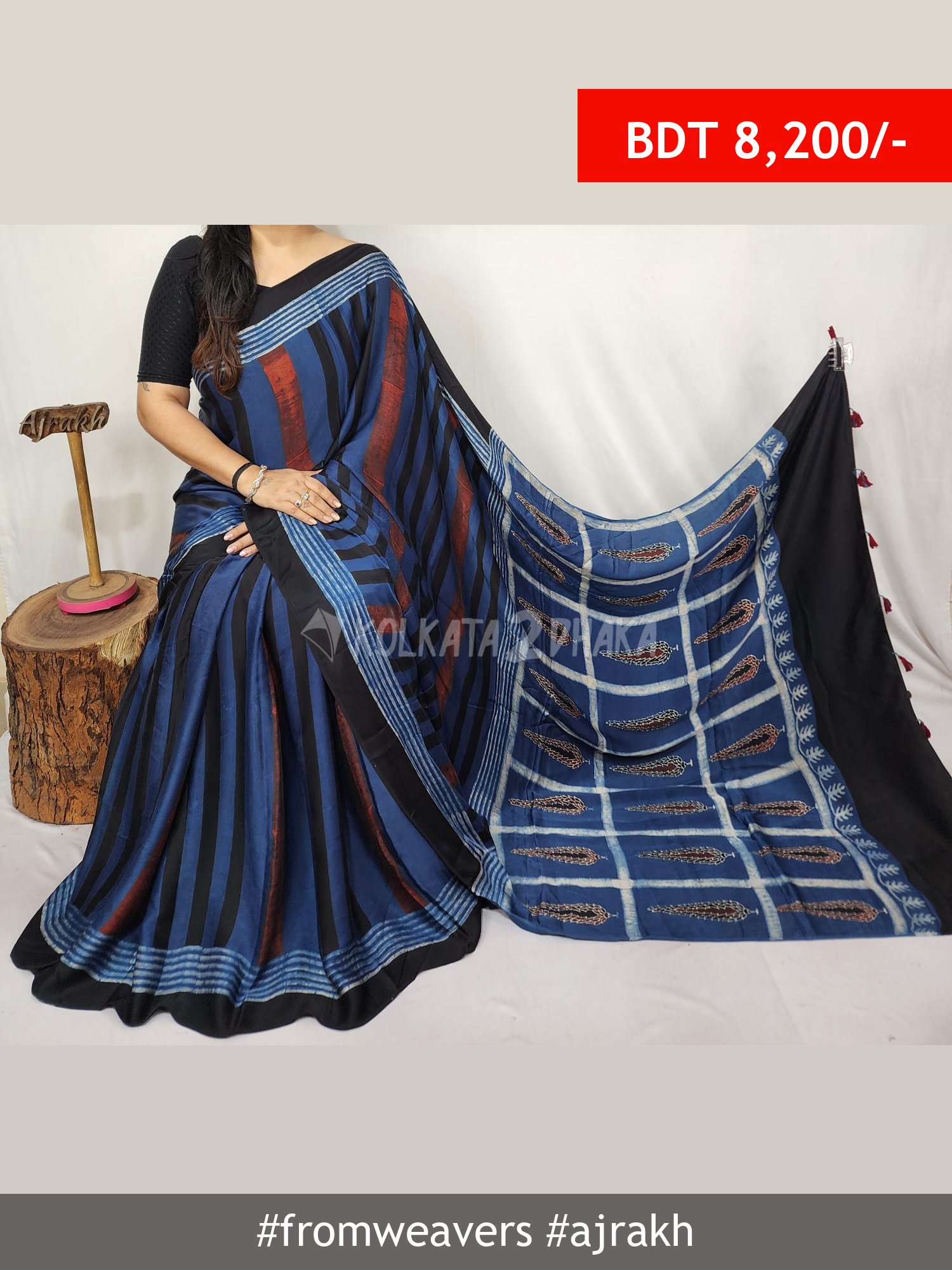 From Weavers Ajrakh Modal Silk Natural Handblock Saree