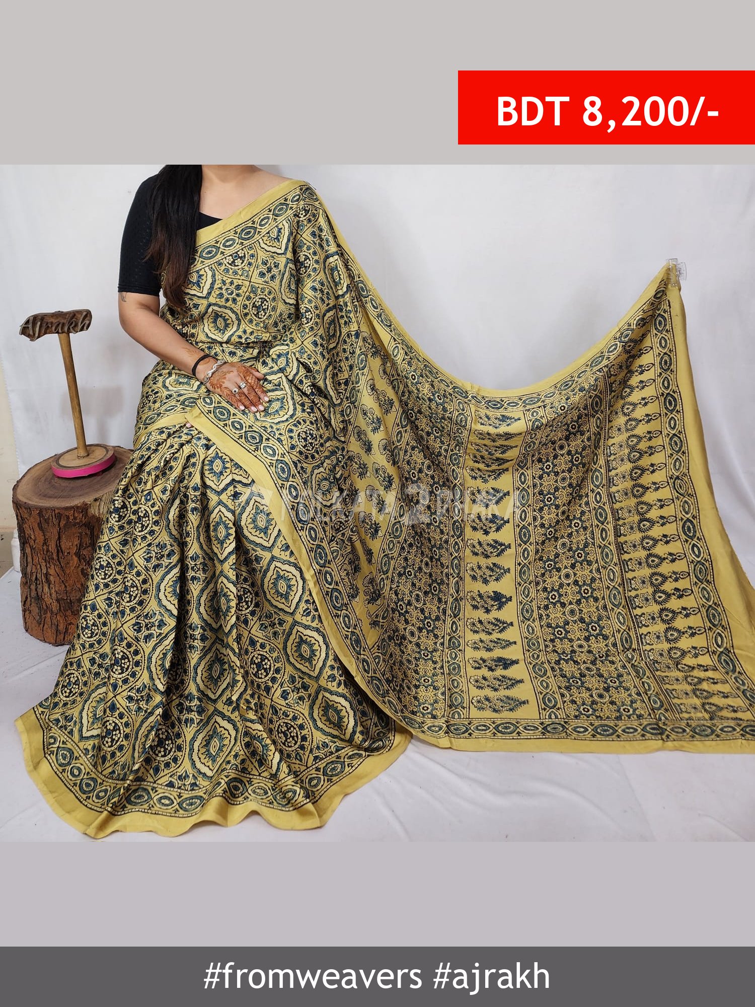 From Weavers Ajrakh Modal Silk Natural Handblock Saree