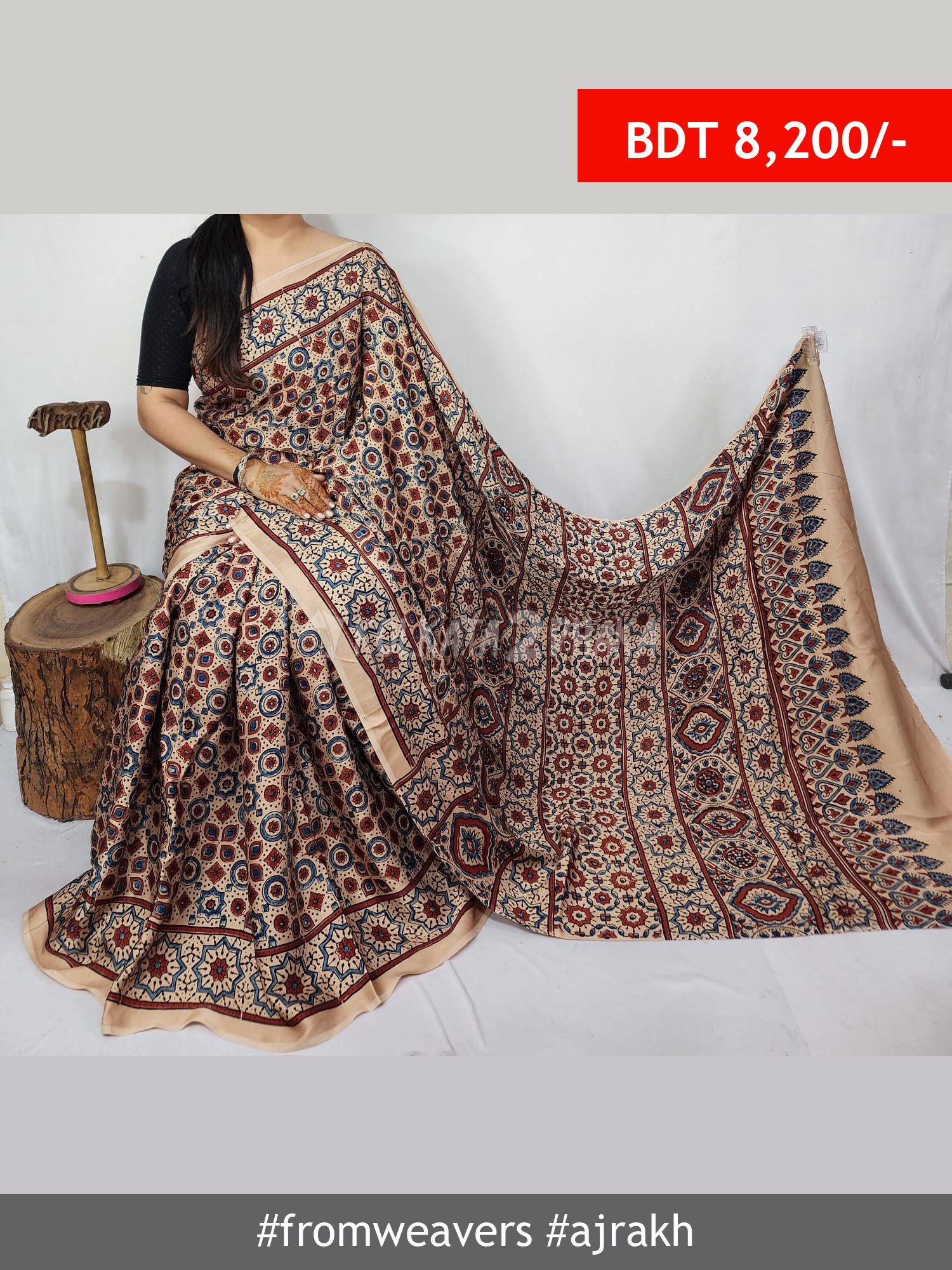 From Weavers Ajrakh Modal Silk Natural Handblock Saree