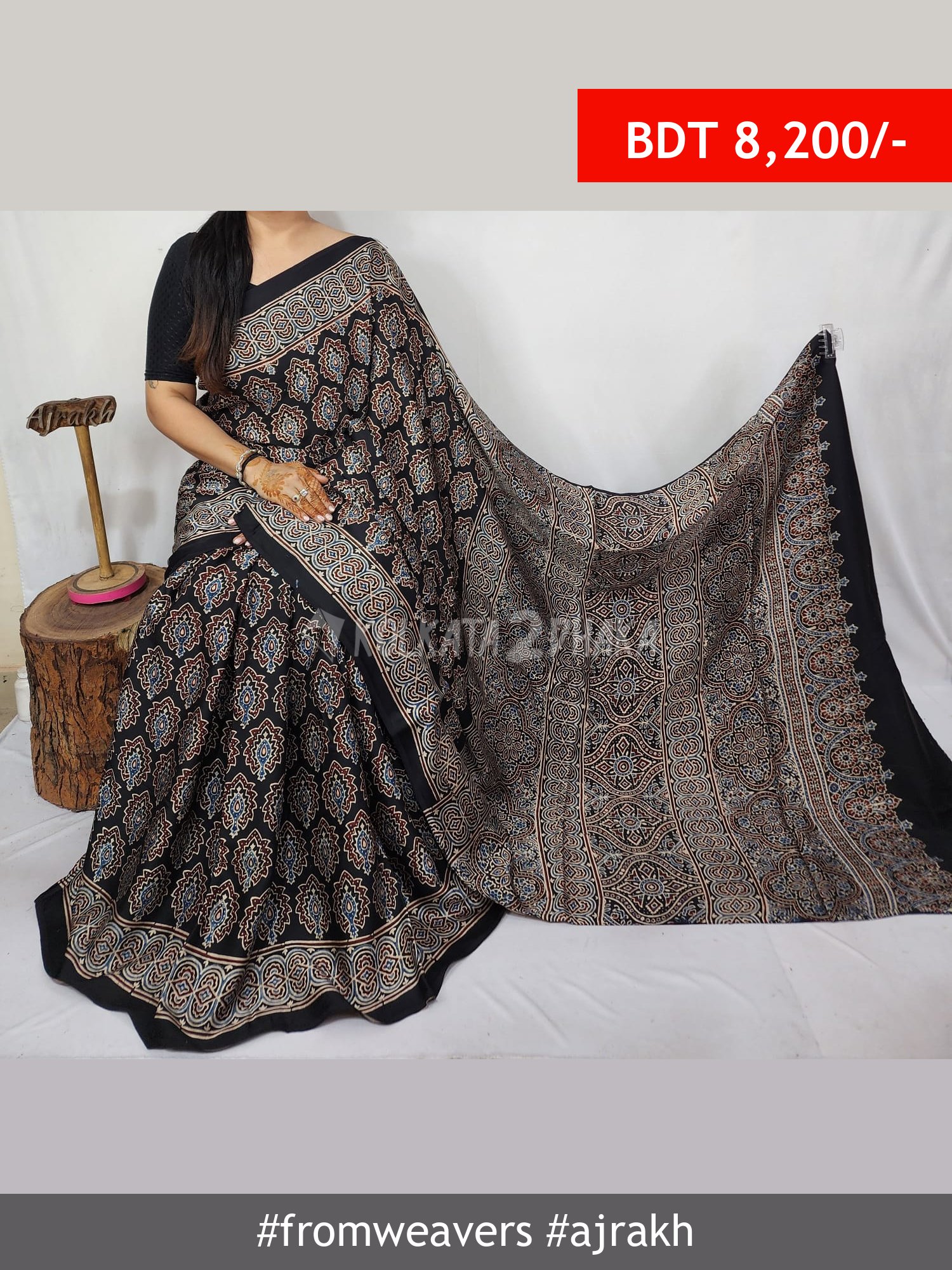 From Weavers Ajrakh Modal Silk Natural Handblock Saree