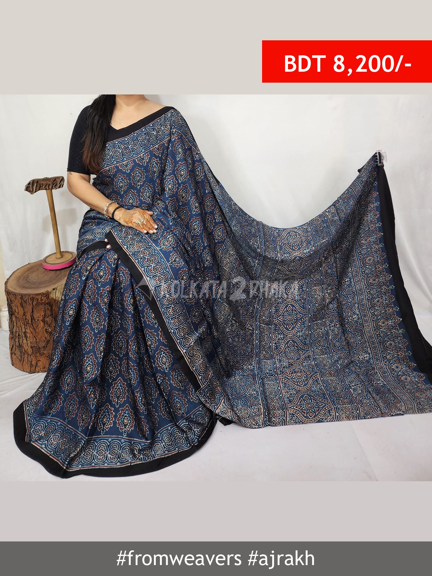 From Weavers Ajrakh Modal Silk Natural Handblock Saree