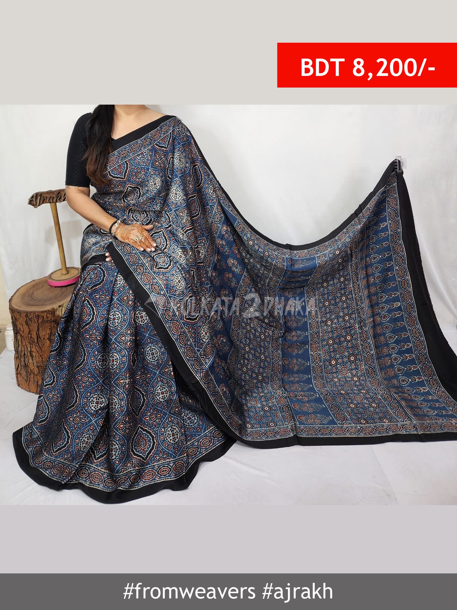 From Weavers Ajrakh Modal Silk Natural Handblock Saree