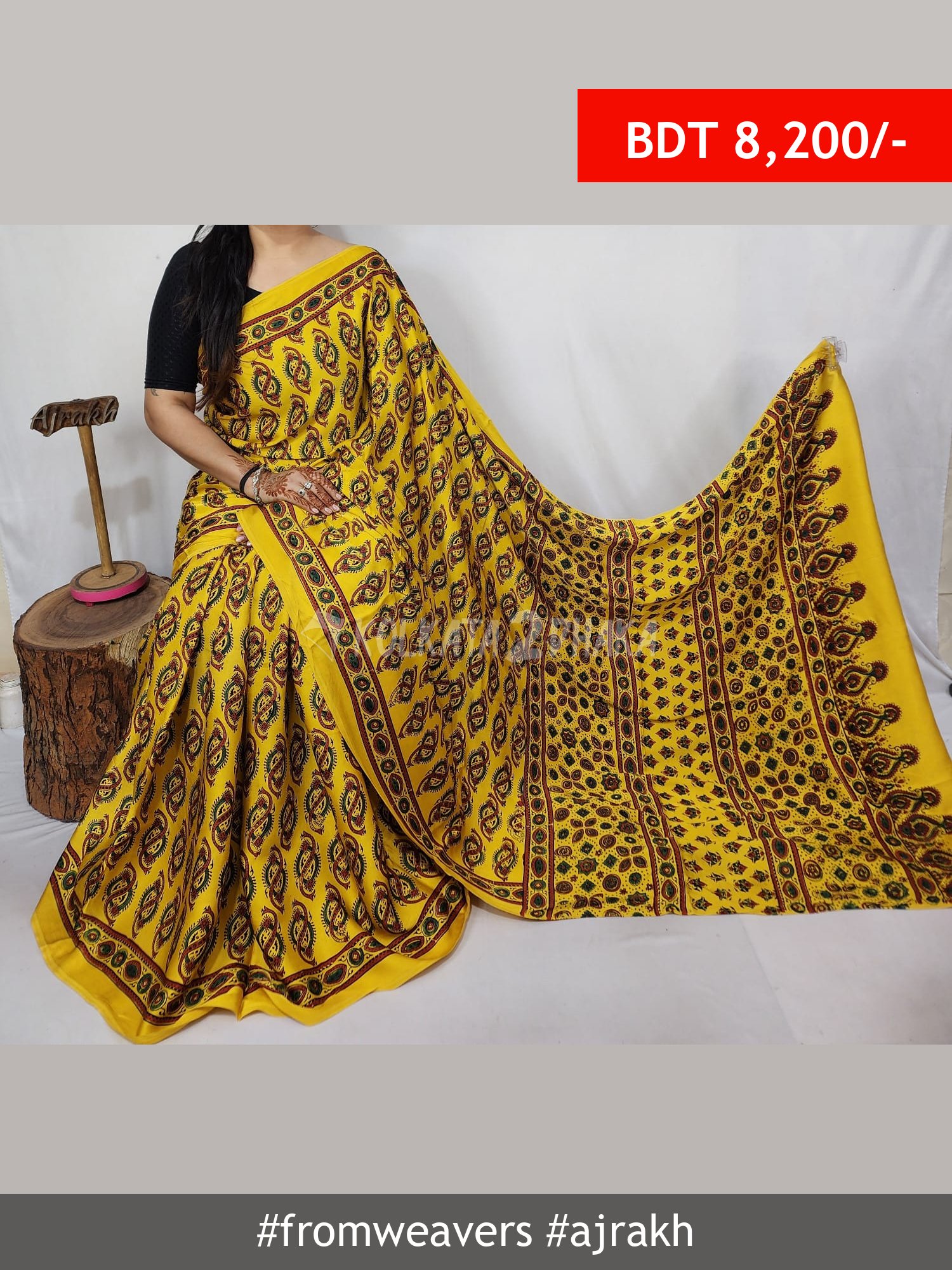 From Weavers Ajrakh Modal Silk Natural Handblock Saree