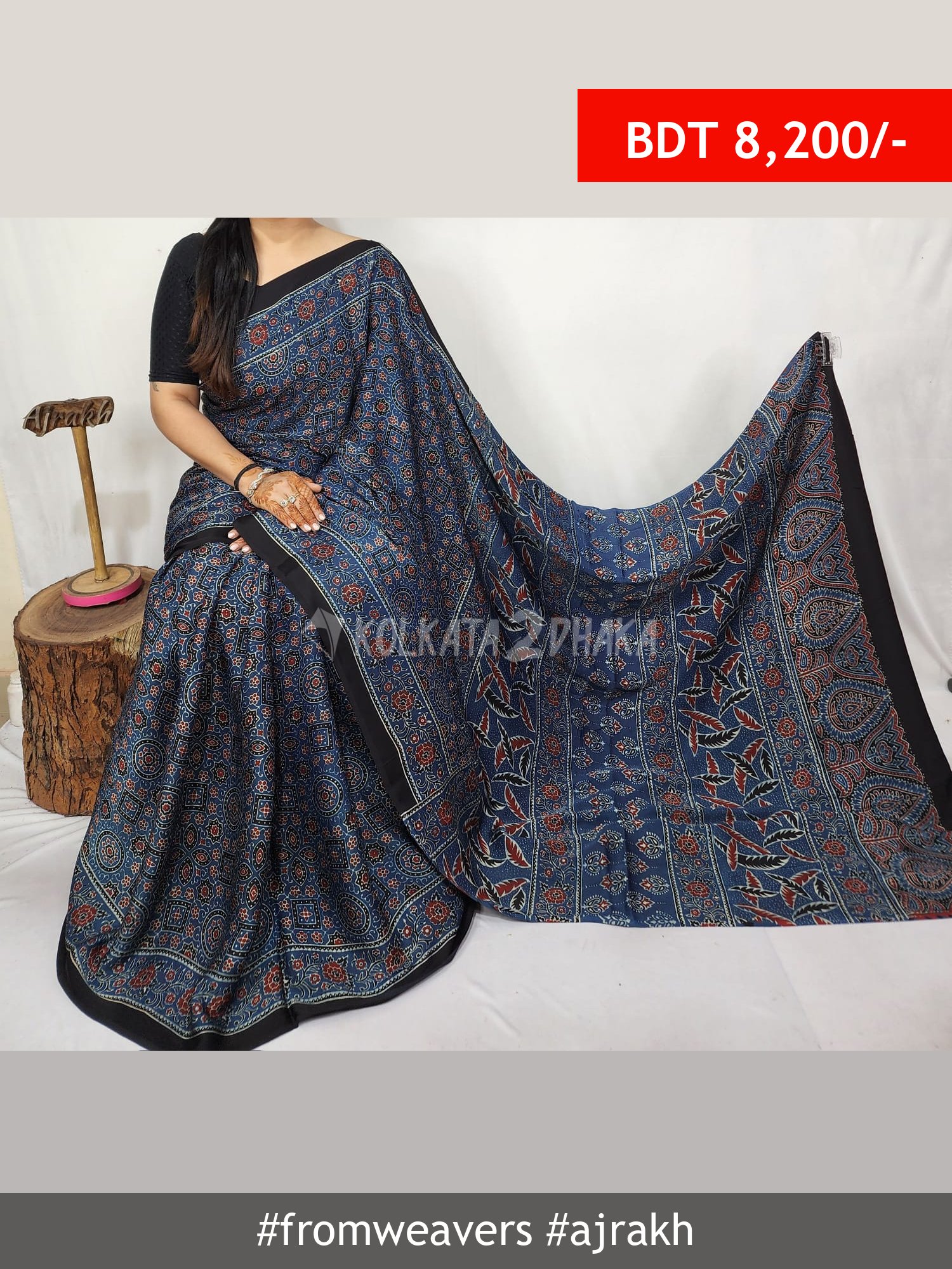 From Weavers Ajrakh Modal Silk Natural Handblock Saree