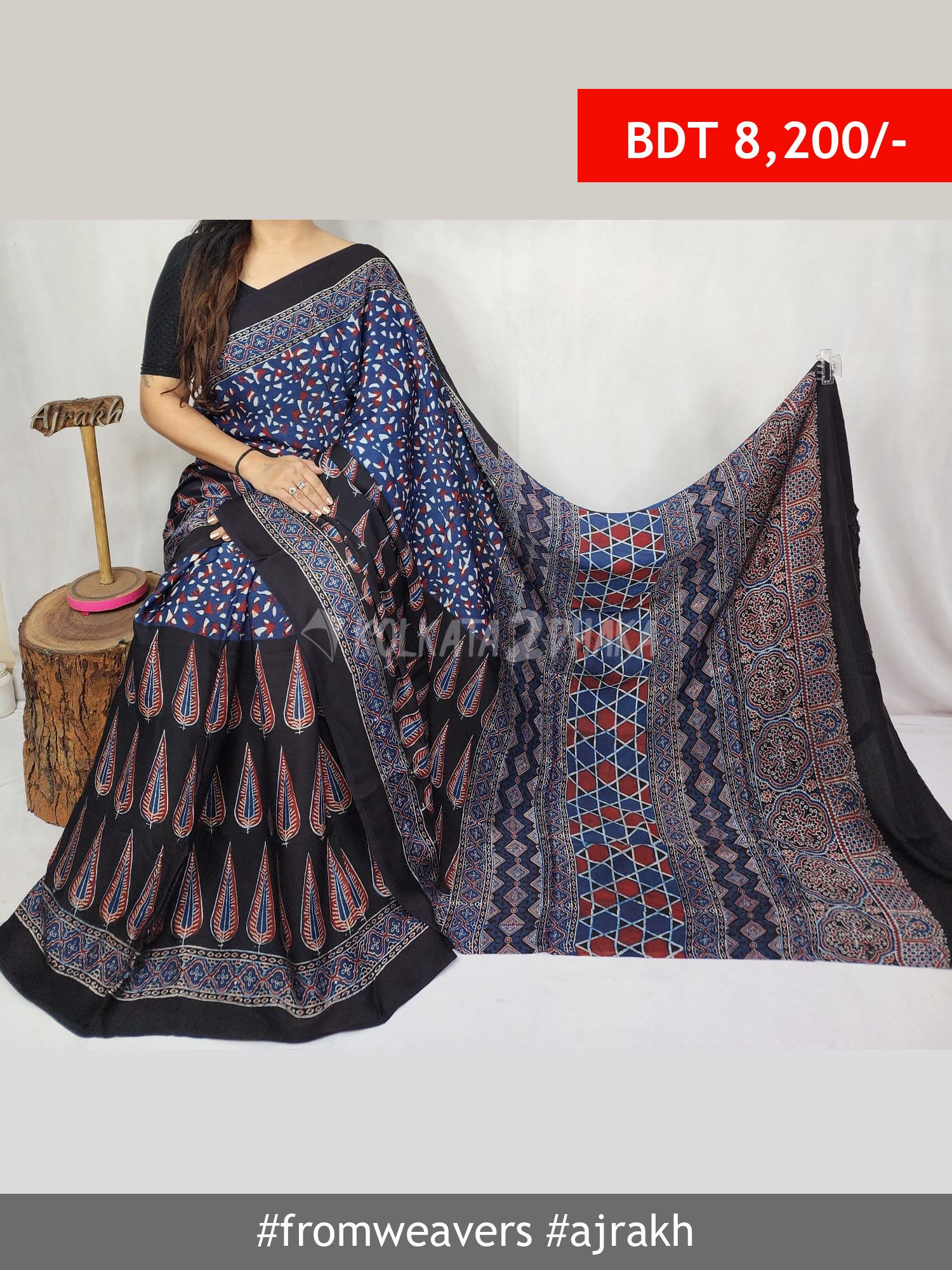 From Weavers Ajrakh Modal Silk Natural Handblock Saree