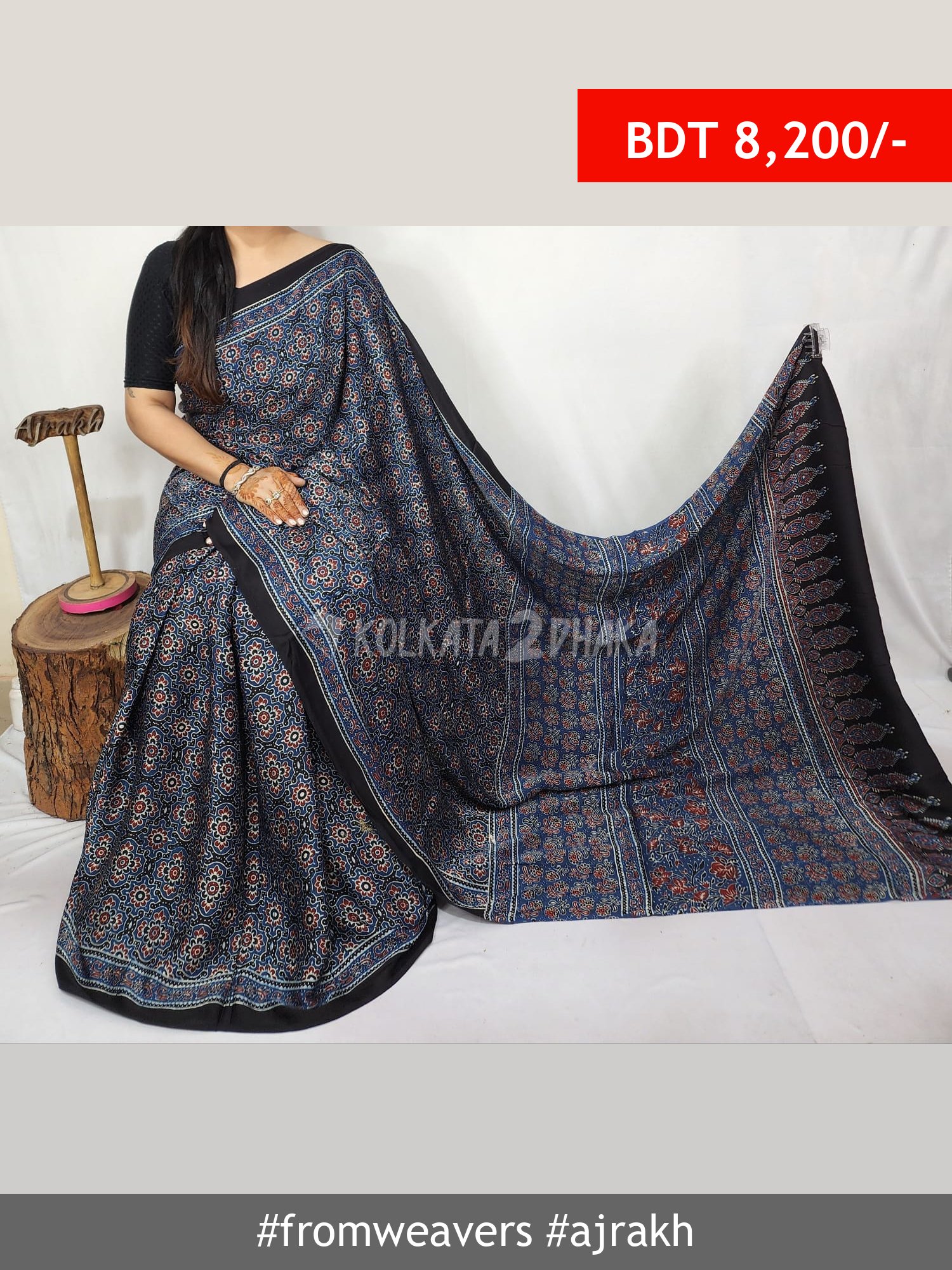 From Weavers Ajrakh Modal Silk Natural Handblock Saree