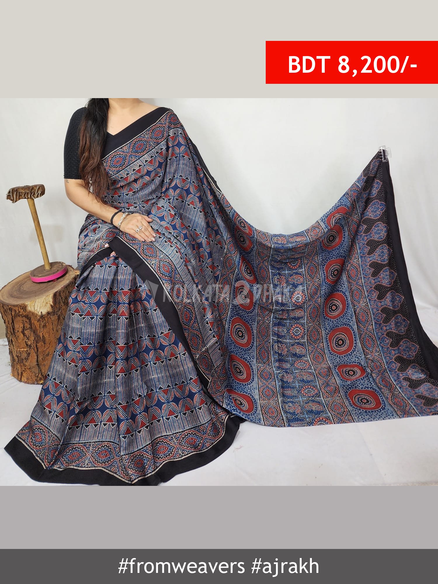 From Weavers Ajrakh Modal Silk Natural Handblock Saree