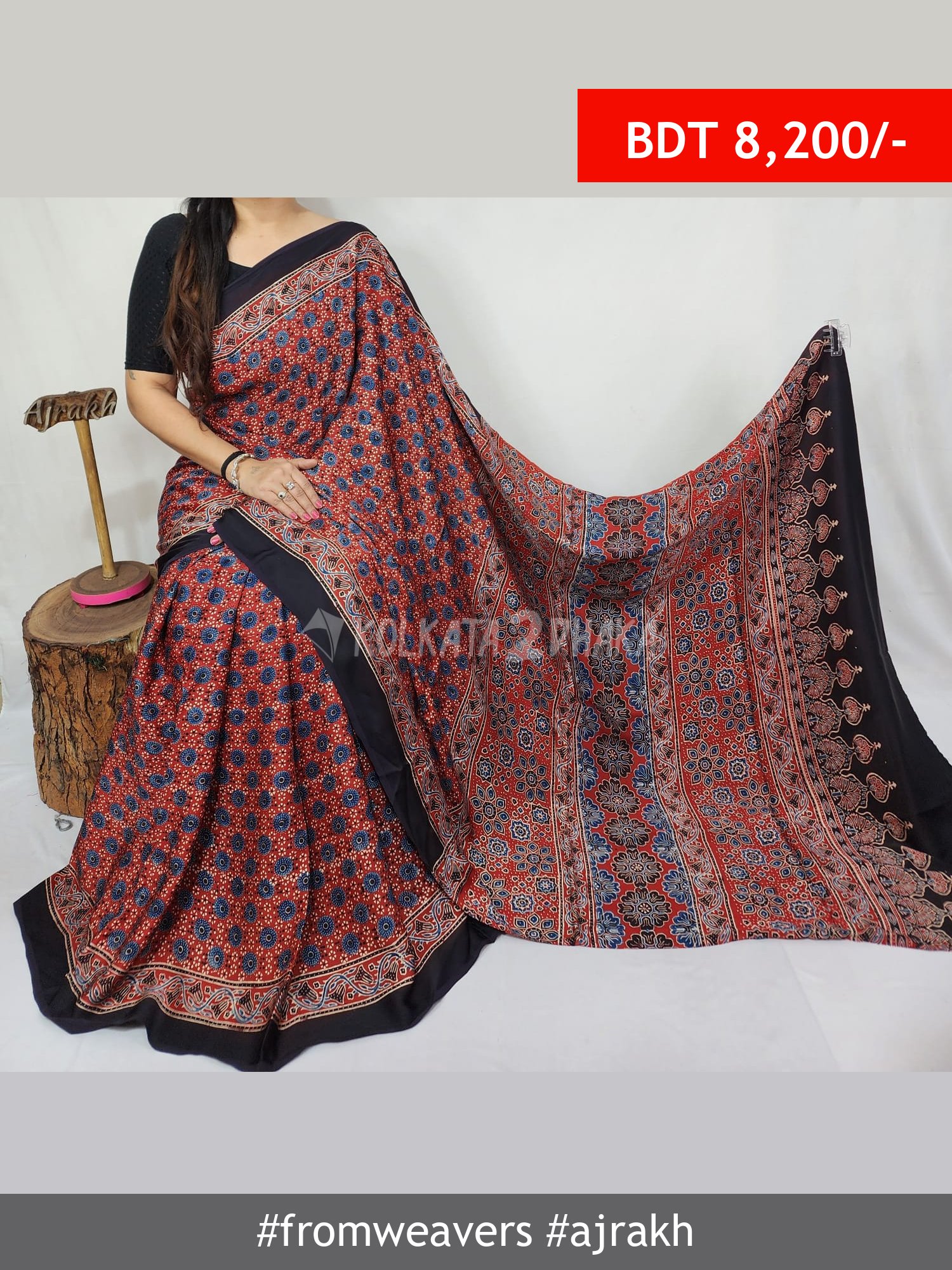 From Weavers Ajrakh Modal Silk Natural Handblock Saree