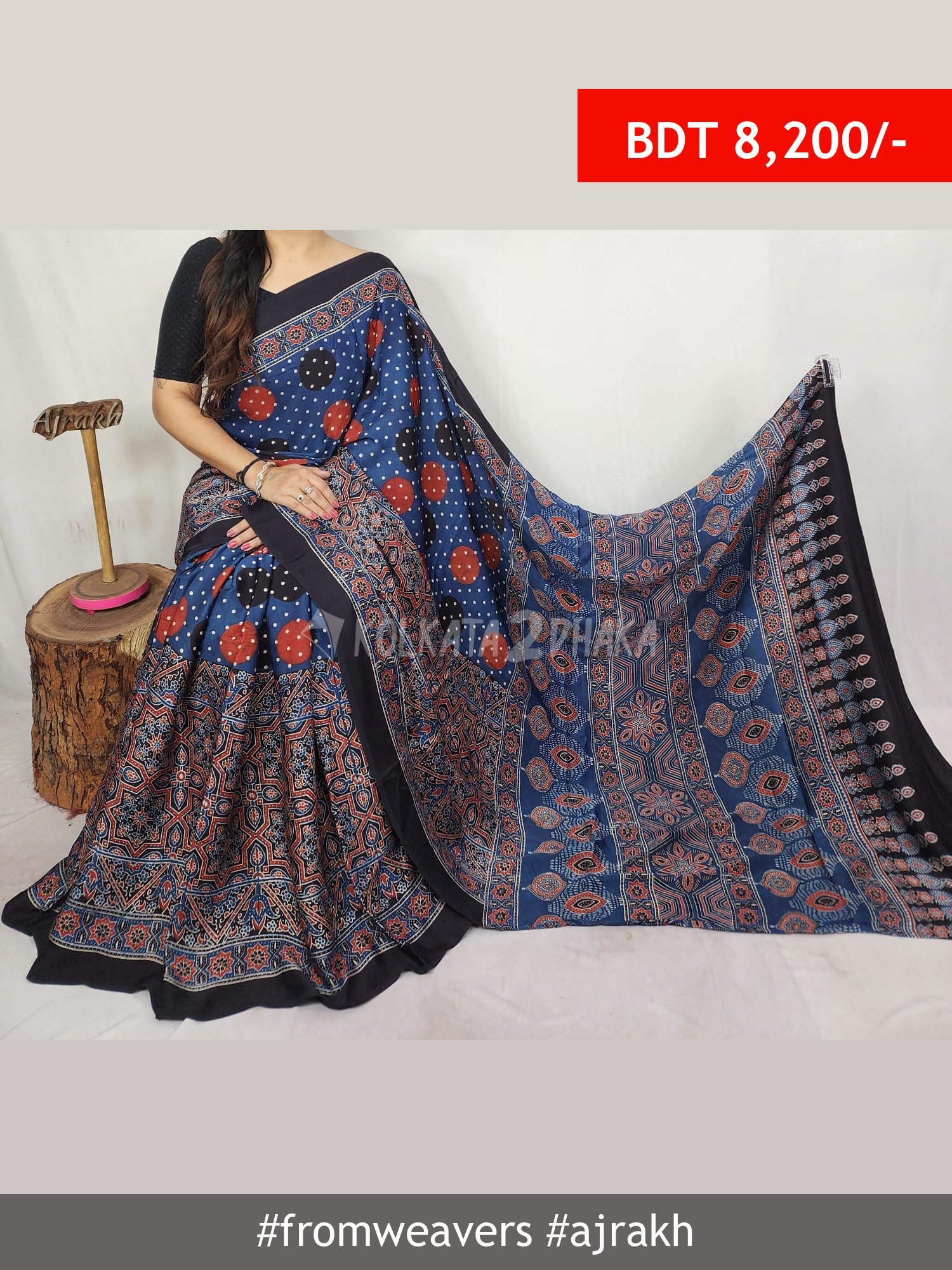 From Weavers Ajrakh Modal Silk Natural Handblock Saree