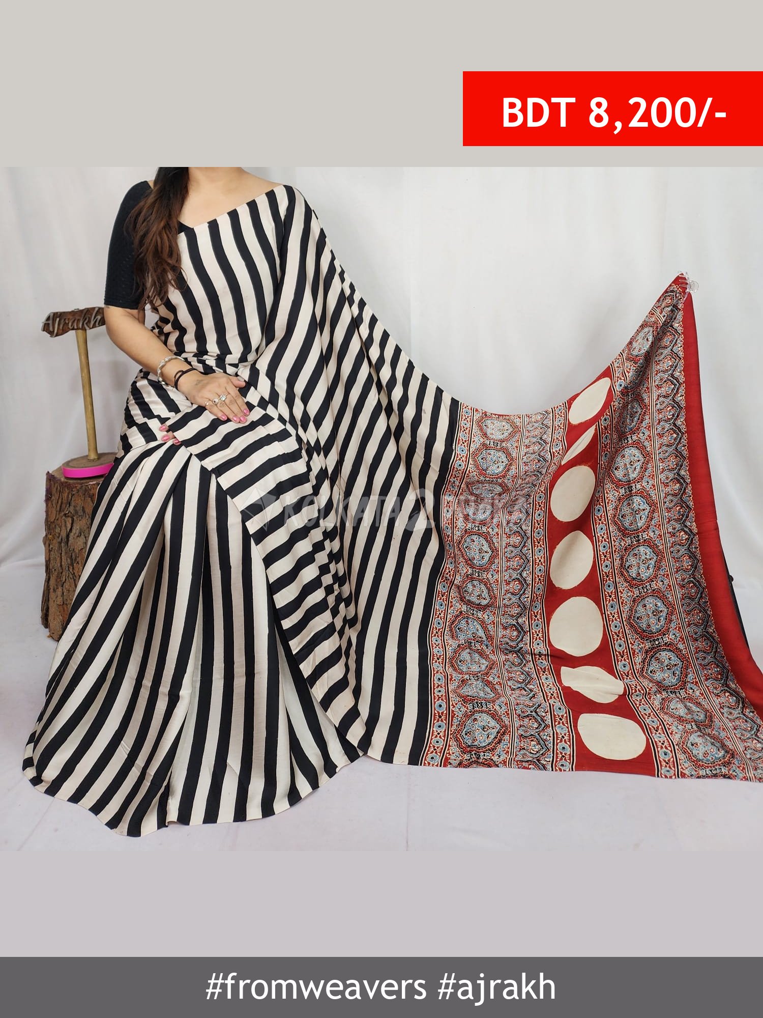 From Weavers Ajrakh Modal Silk Natural Handblock Saree