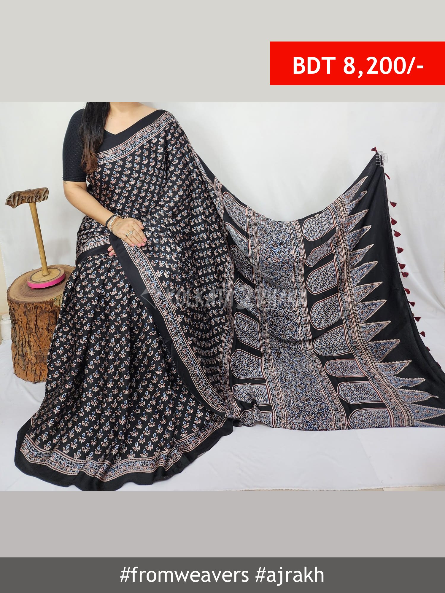 From Weavers Ajrakh Modal Silk Natural Handblock Saree