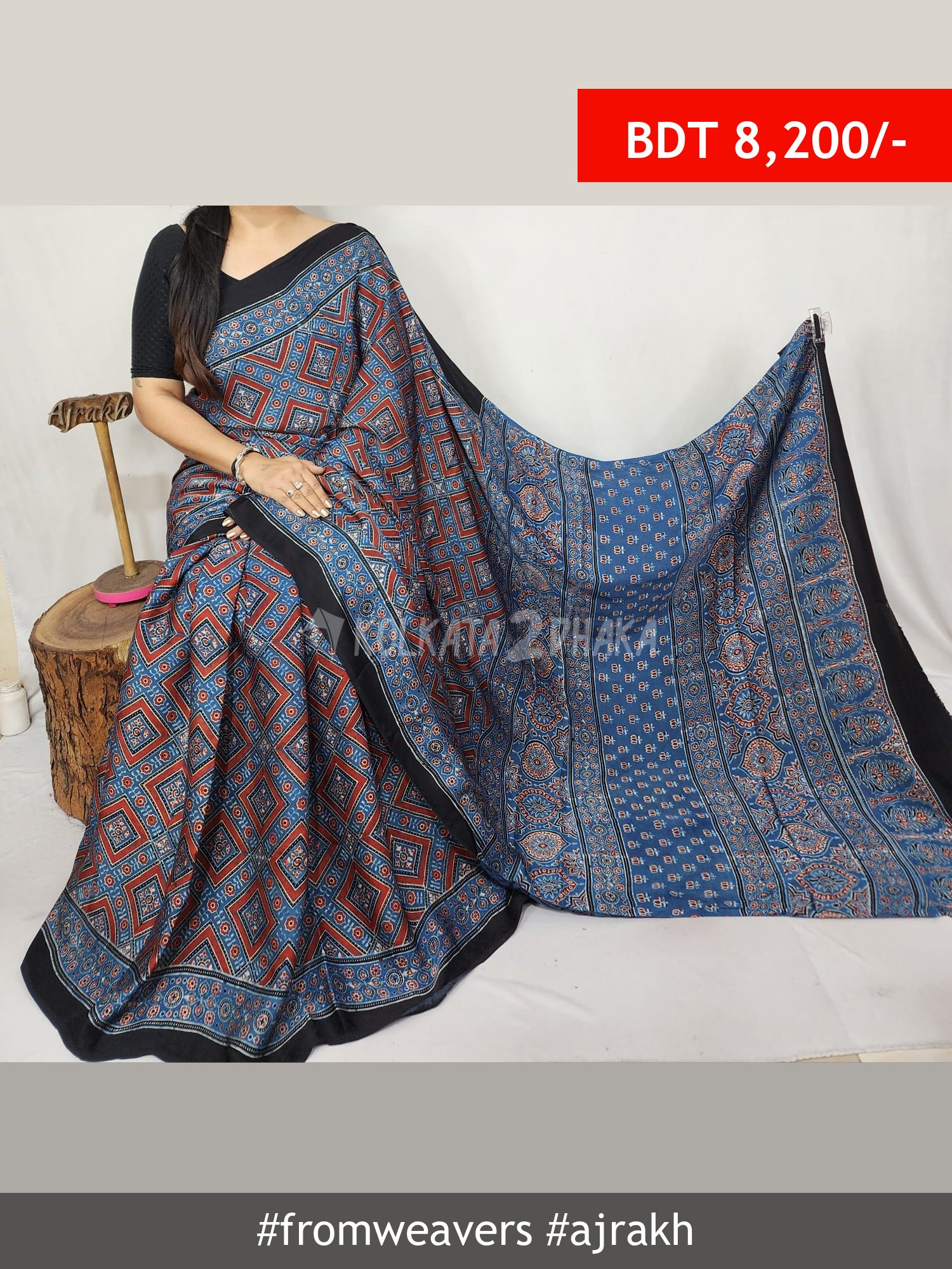 From Weavers Ajrakh Modal Silk Natural Handblock Saree