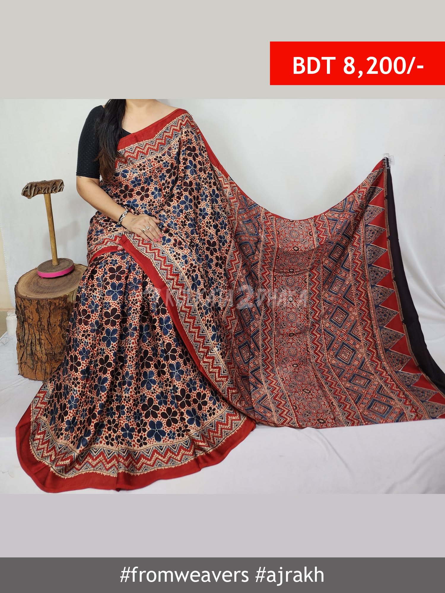 From Weavers Ajrakh Modal Silk Natural Handblock Saree