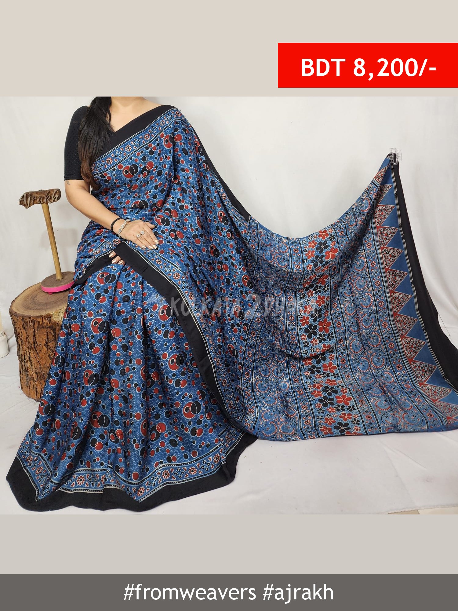 From Weavers Ajrakh Modal Silk Natural Handblock Saree