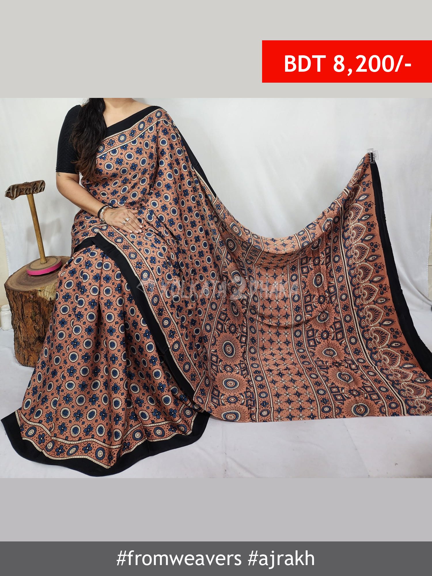 From Weavers Ajrakh Modal Silk Natural Handblock Saree