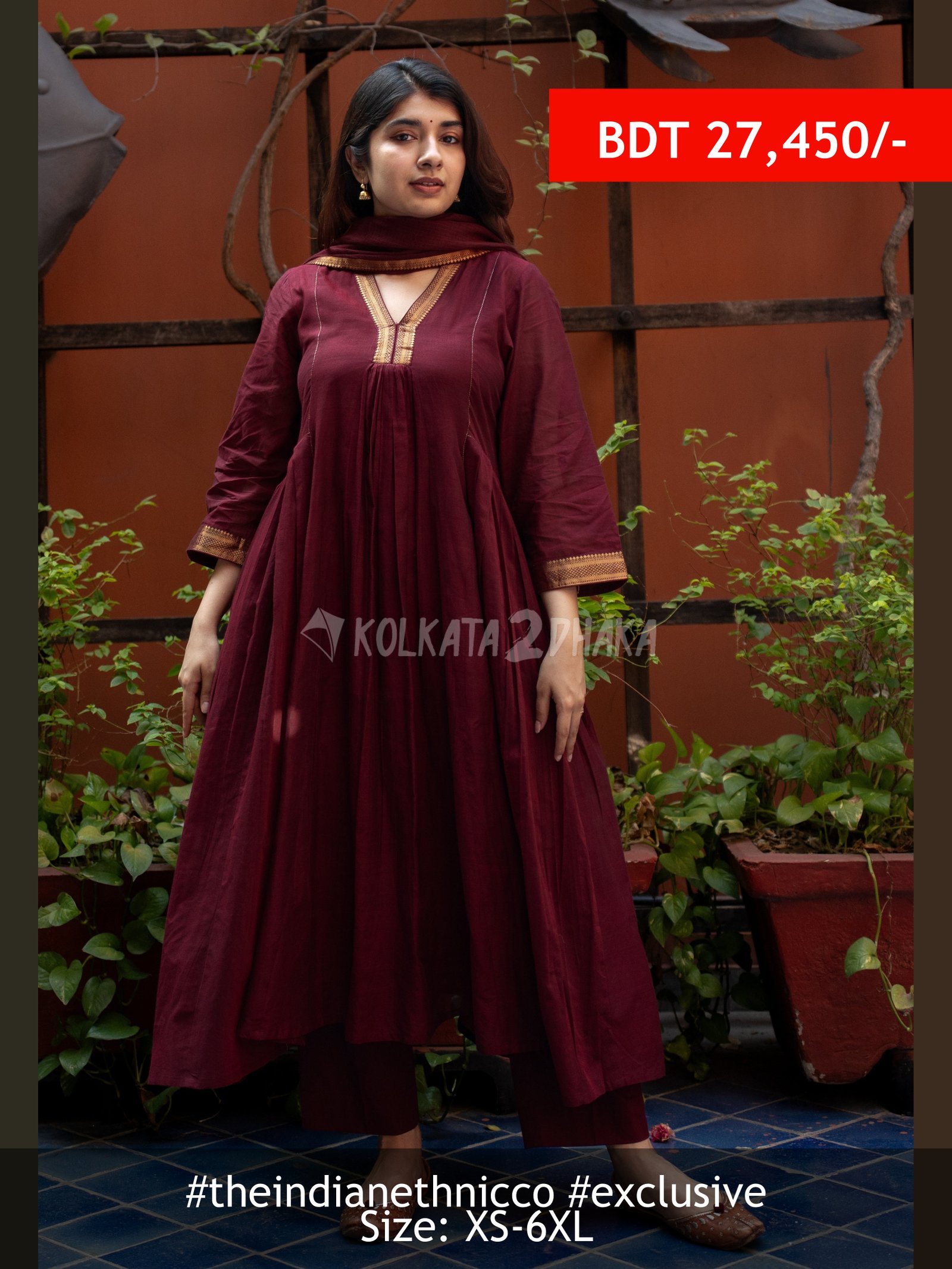 The Indian Ethnic Co Tisya Red Mangalgiri Cotton Kali Kurta