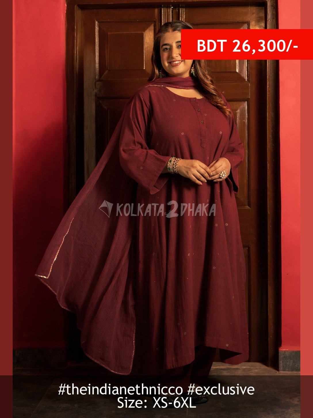 The Indian Ethnic Co Alizah Maroon Rogan Handblock Printed Cotton Jhabbha Kali Suit Set (Set of 3)