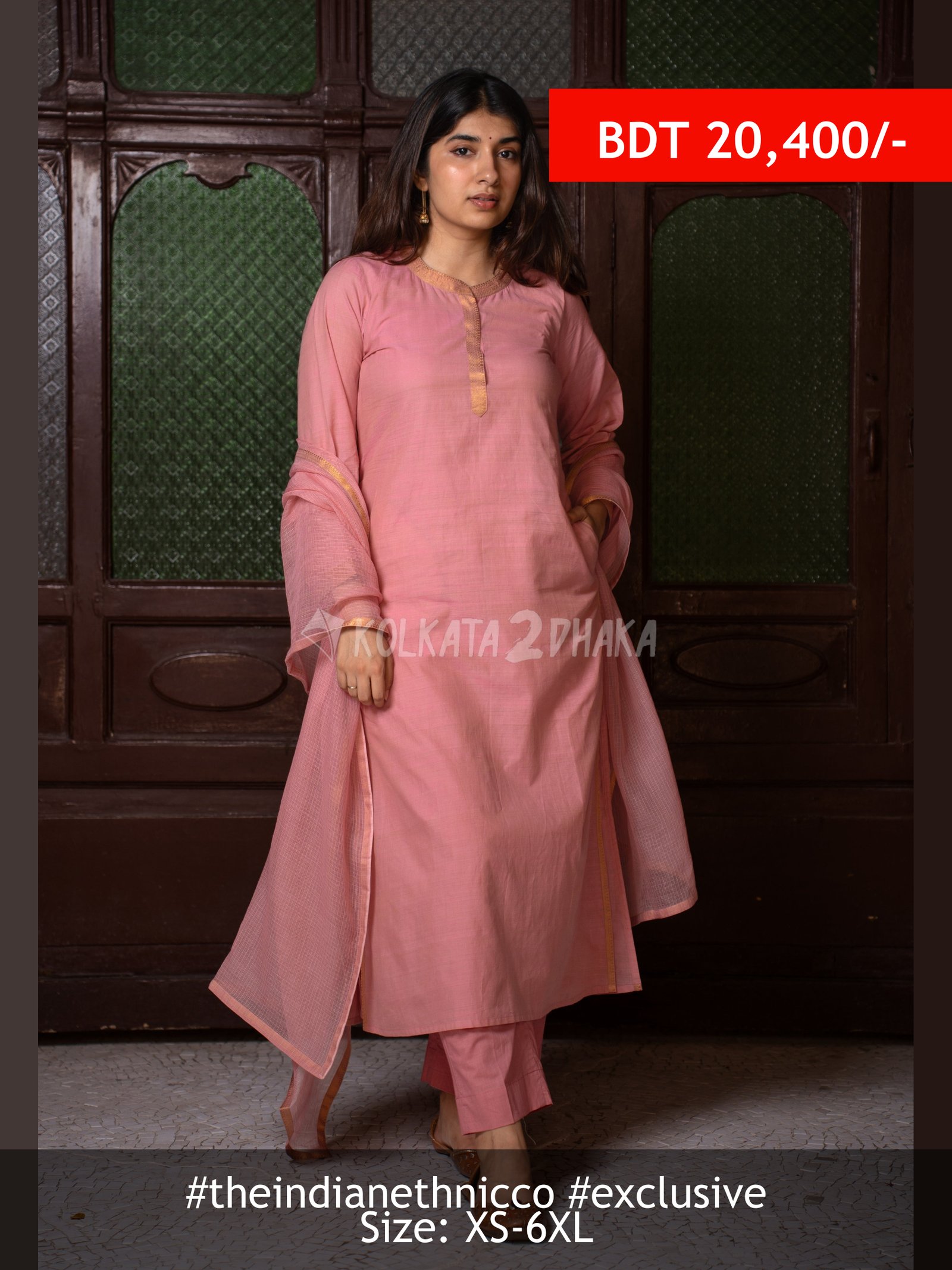 The Indian Ethnic Co Aarini Pink Mangalgiri Cotton Straight Kurta