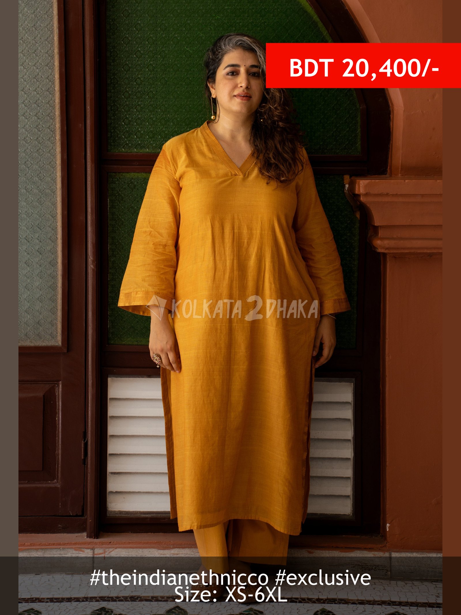 The Indian Ethnic Co Vrusha Yellow Mangalgiri Cotton Straight Kurta