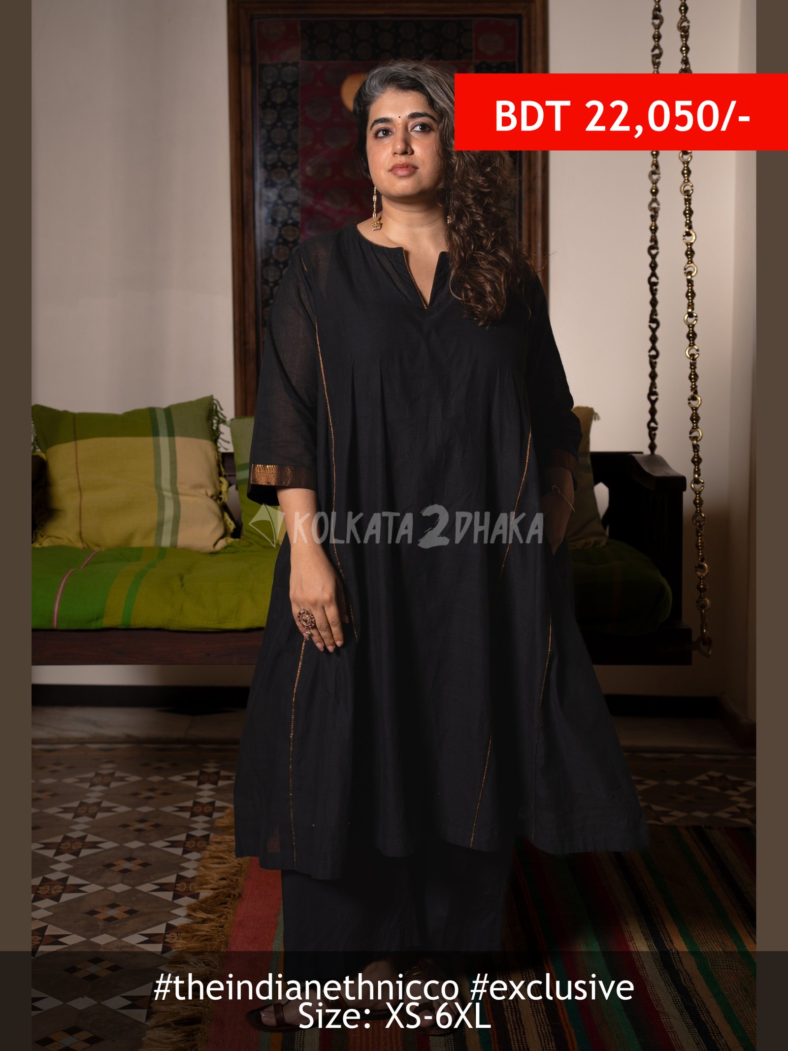 The Indian Ethnic Co Nyra Black Mangalgiri Cotton Jhabbha Kali Kurta