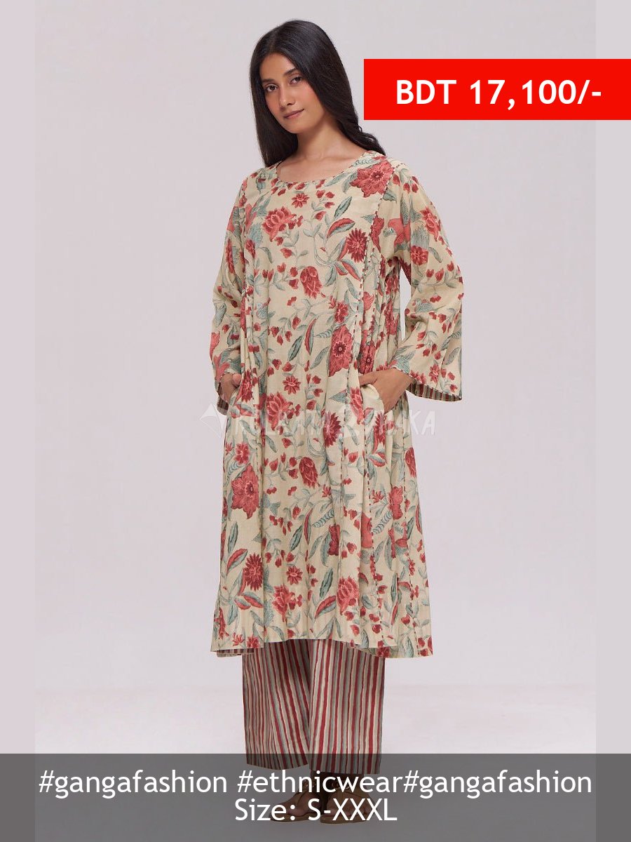 Ganga Fashion Vintage Beige and Rose Floral Print Kurta and Stripe Bottom Set