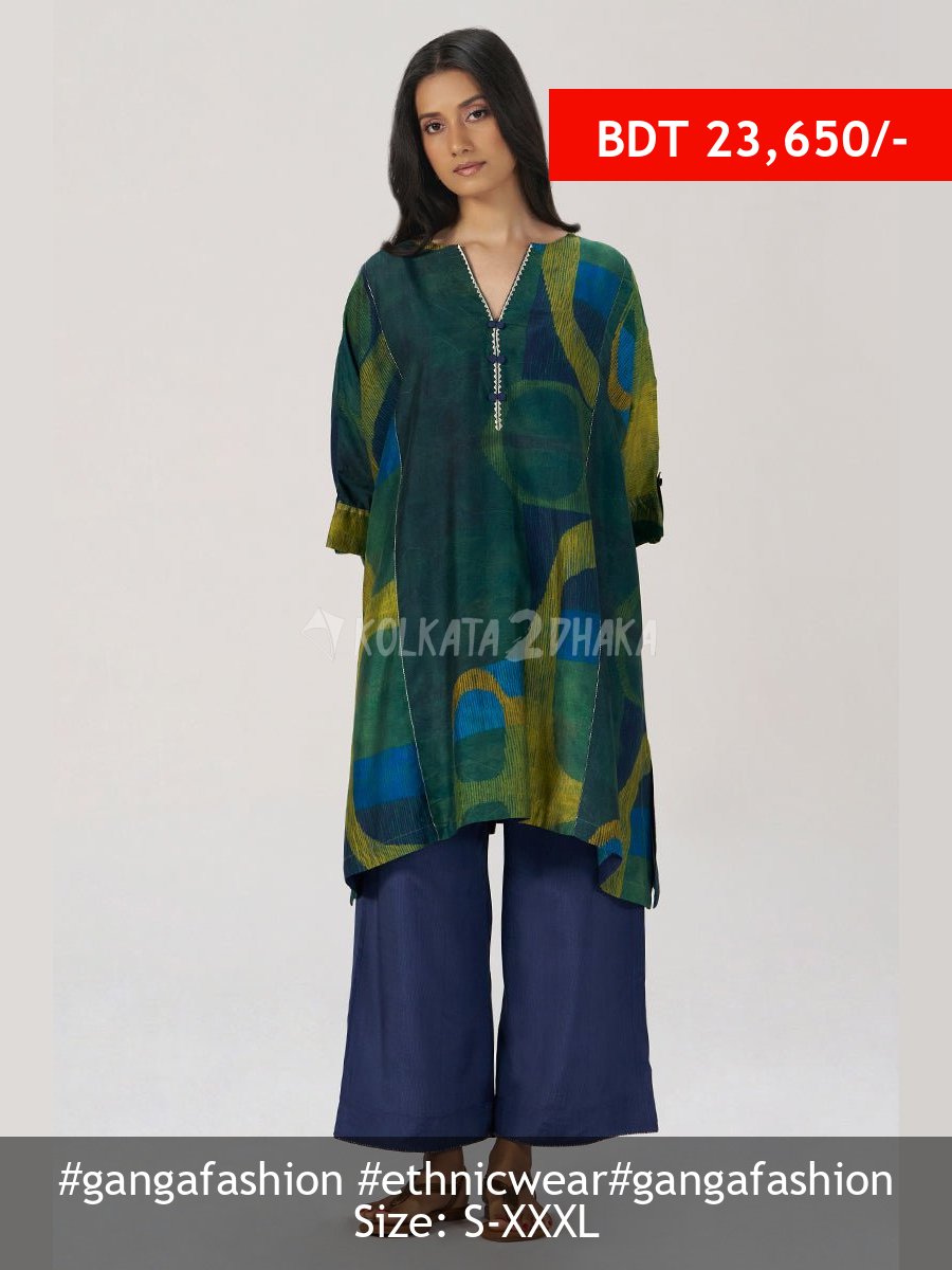 Ganga Fashion Deep Green and Blue Abstract Silk Co-ord Set