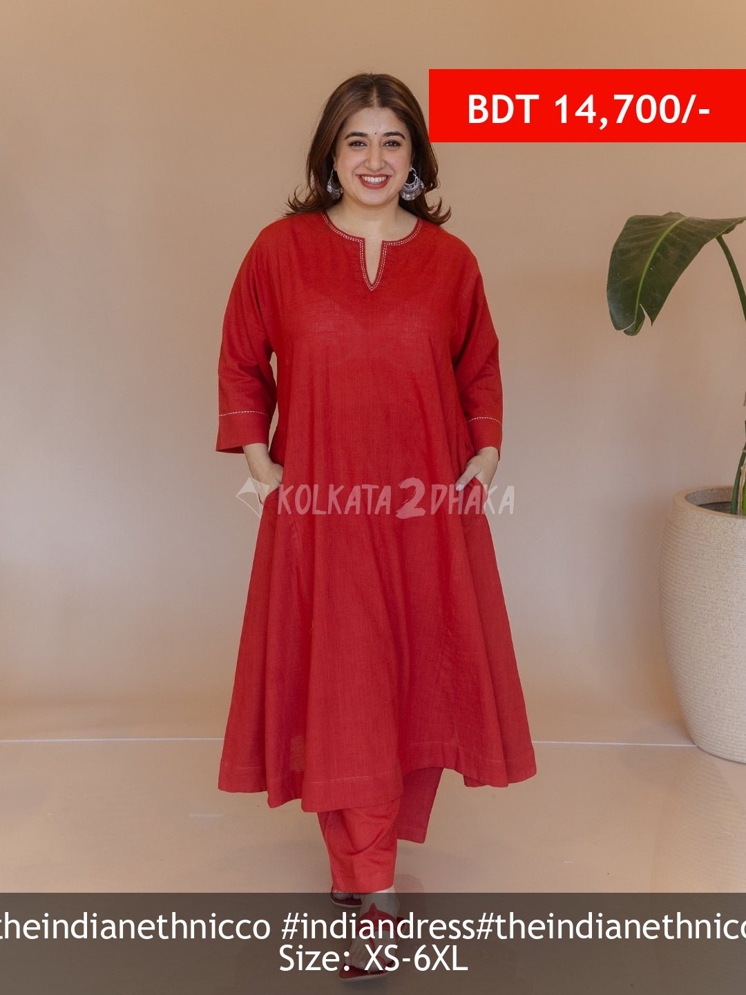 The Indian Ethnic Co Nyra Red Solid Slub Cotton Jhabbha Kali Kurta with Hand Embroidery