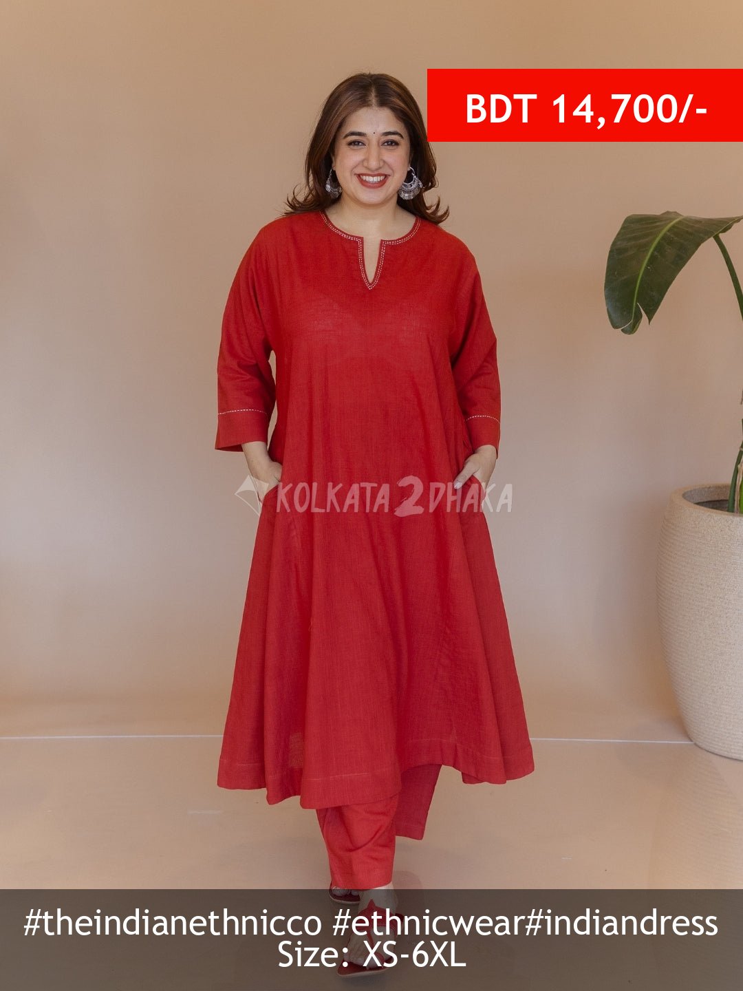 The Indian Ethnic Co Nyra Red Solid Slub Cotton Jhabbha Kali Kurta with Hand Embroidery