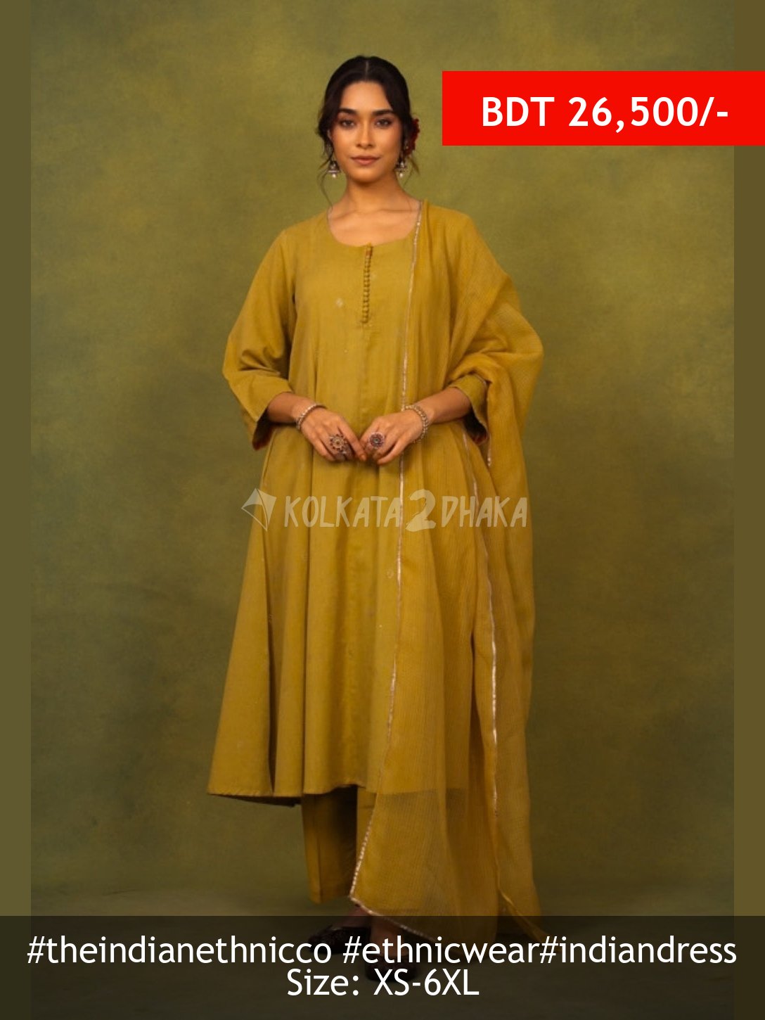 The Indian Ethnic Co Maryam Yellow Rogan Handblock Printed Cotton Kali Kurta Suit Set (Set of 3)