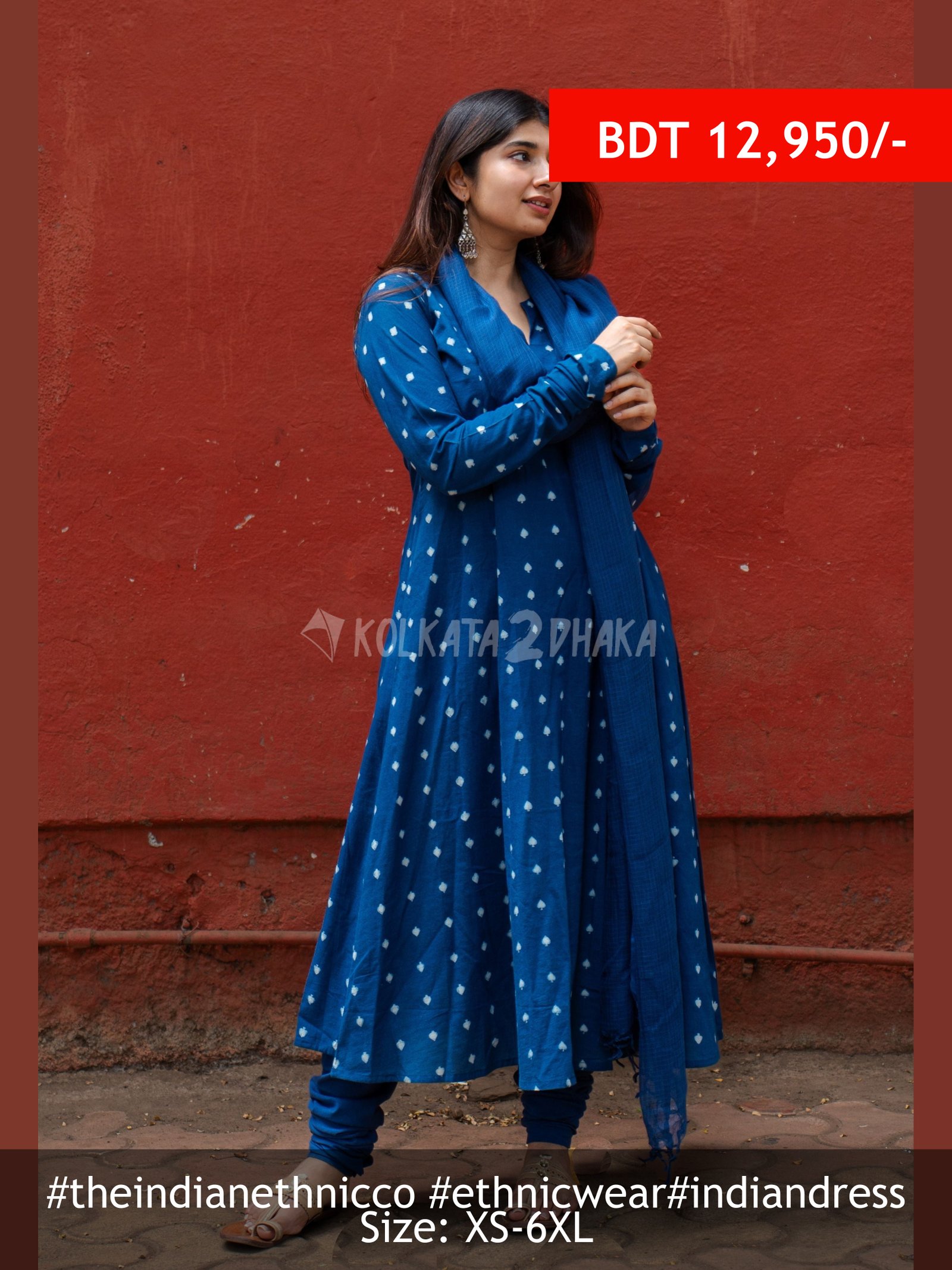 The Indian Ethnic Co Shinat Blue Dabu Cotton Kali Kurta