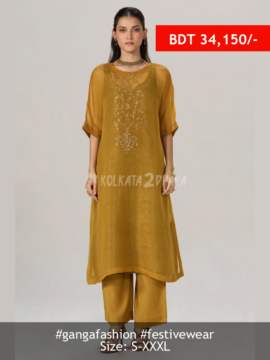 Ganga Fashion Mustard and Brown Sheer Kurta with Brocade Festive Co-ord Set