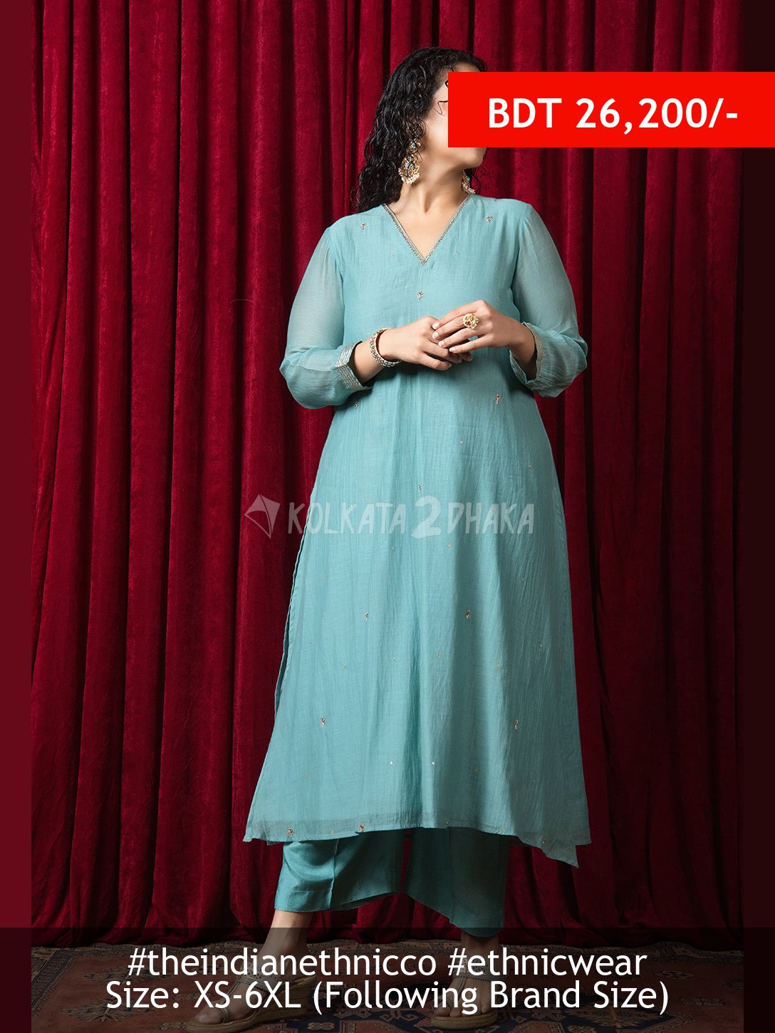 The Indian Ethnic Co Nitara Blue Solid Chanderi Silk A Line Kurta with Hand Embroidery